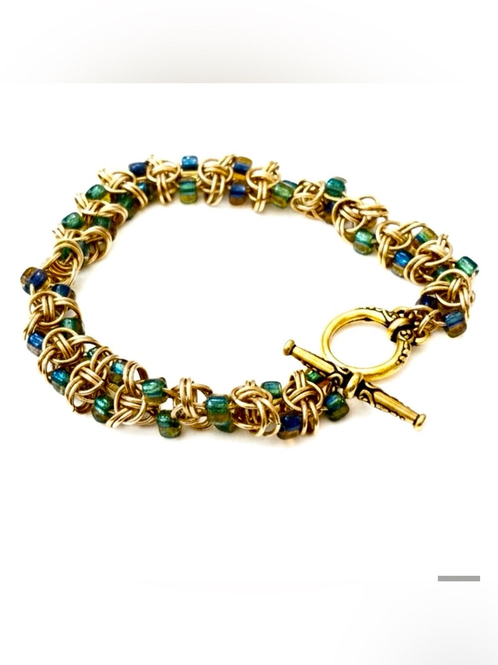Gold and Teal Beaded Chainmaille Bracelet - Women Jewelry
